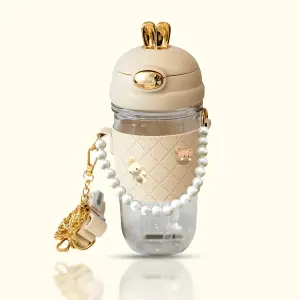 550ML BPA-Free Cute Rabbit Water Bottle with Portable Strap – Cream